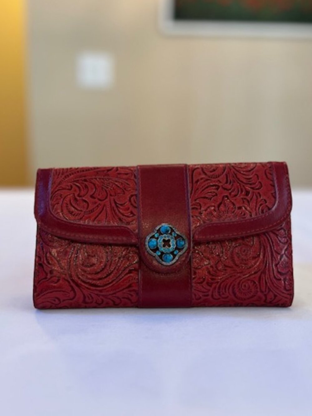 M.C. | Rich Red Tooled Leather Wallet Turquoise Rhinestones & Beads Western-EUC